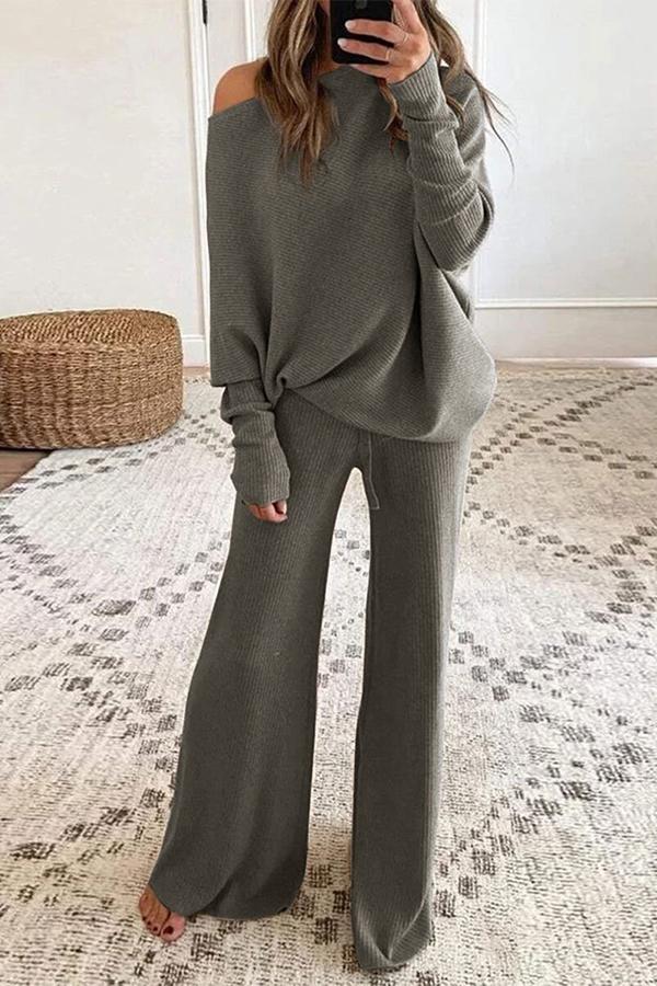 Women's solid color round neck cashmere knitted long sleeve casual two-piece suit