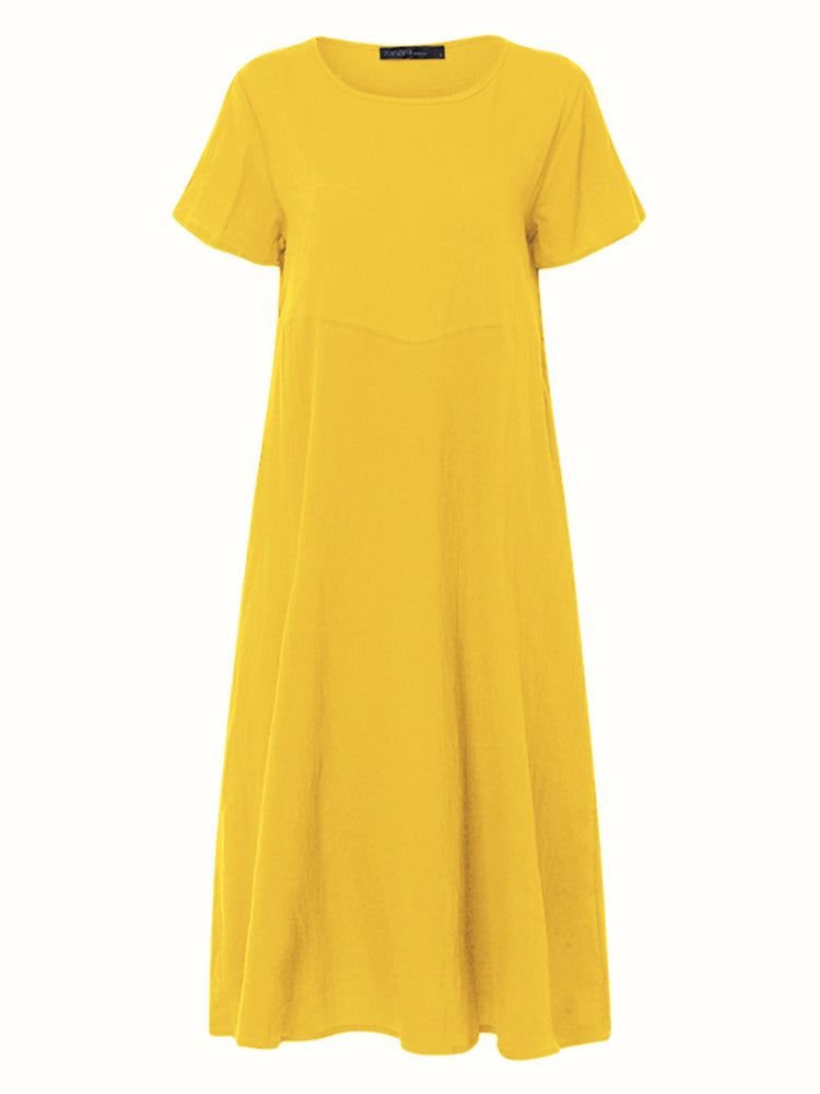 Women Short Sleeve Round Neck Solid Color Long Dress 