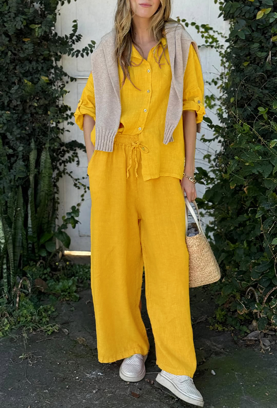 Comfortable Cotton and linen casual solid color 2-piece Set