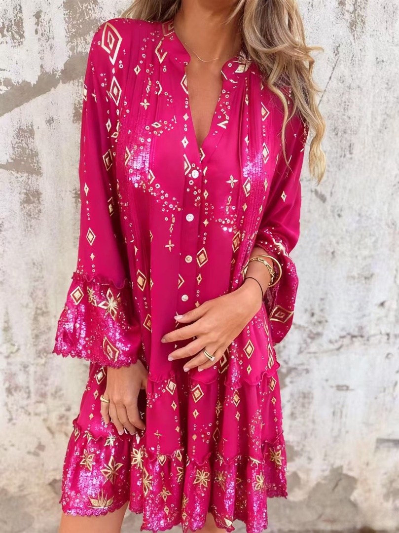 Limited Time Discount 🔥New Hot Stamping Lace Trumpet Sleeve Hollow Dress
