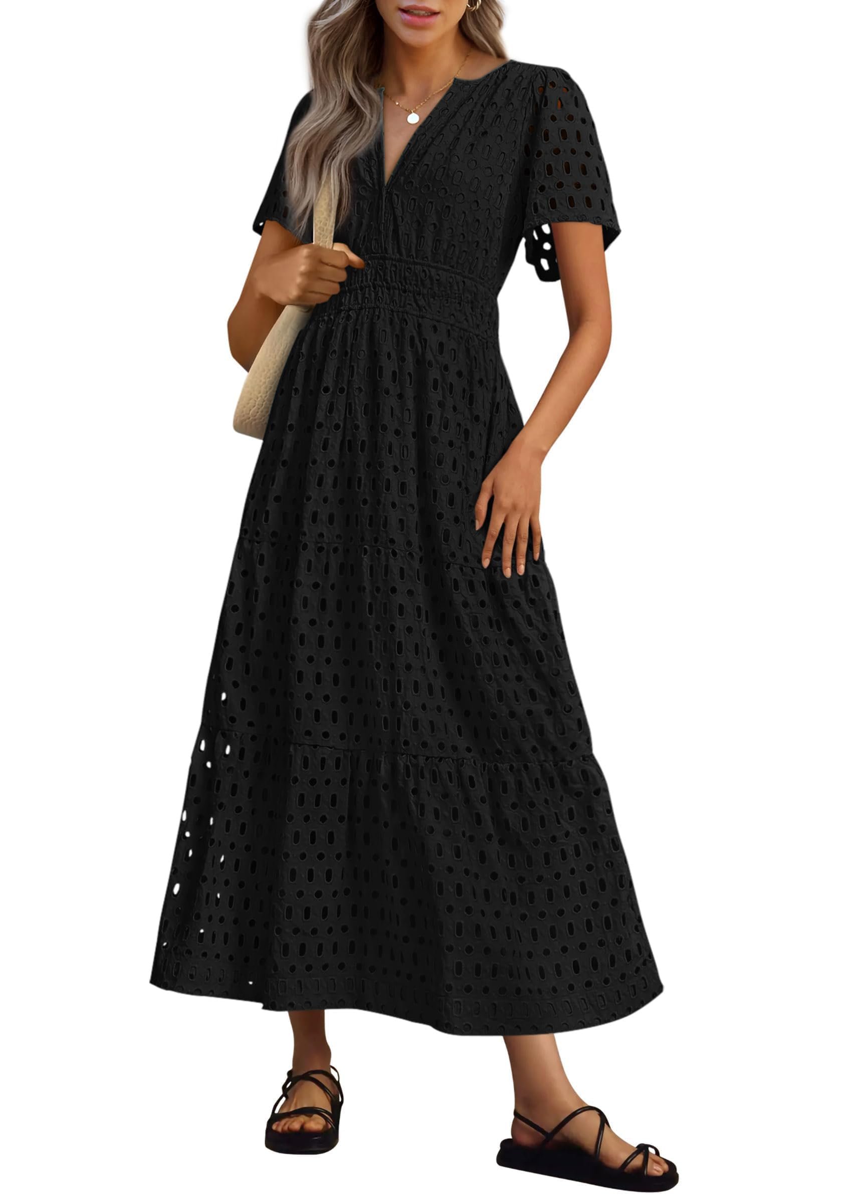 2025 Womens Summer V Neck Maxi Dress Short Sleeve Hollow Out Flowy Beach Dress