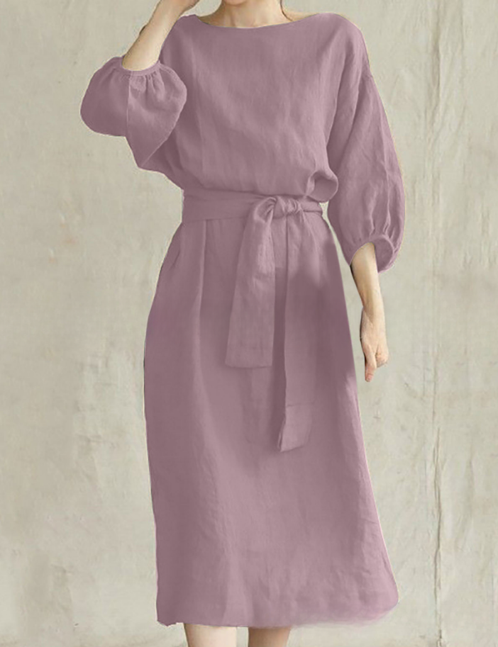 2026 Mid-length Tie-waist Solid Color Round Neck Dress