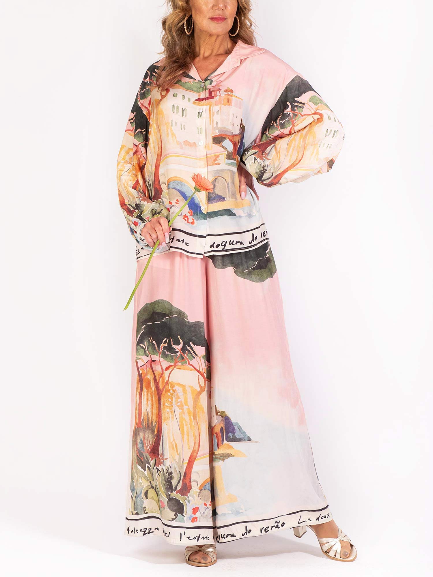 Scenic Print Button-Up Blouse