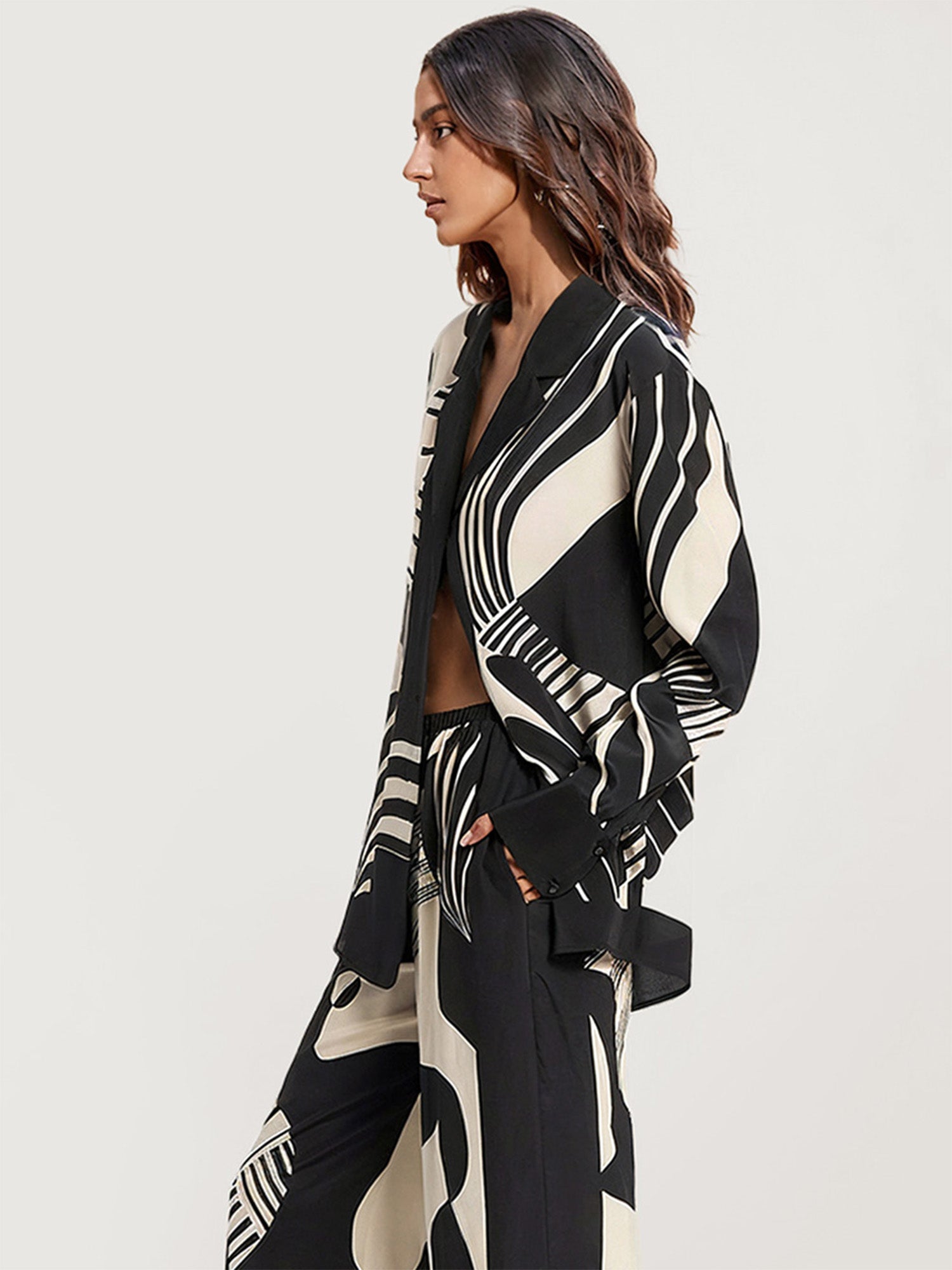 Abstract Black and White Print Button-Up Shirt