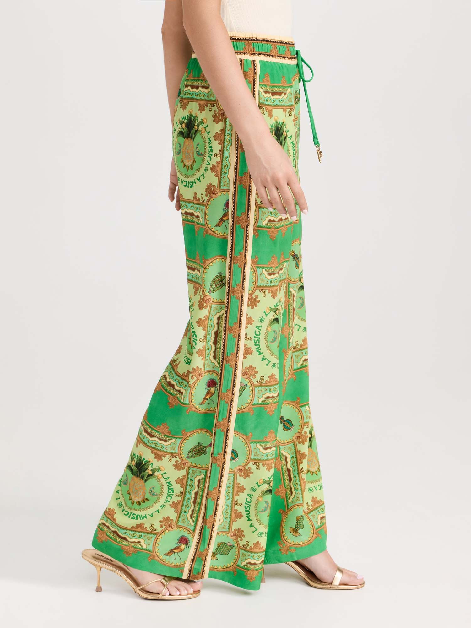 Green Paisley Print Wide-Leg Pants