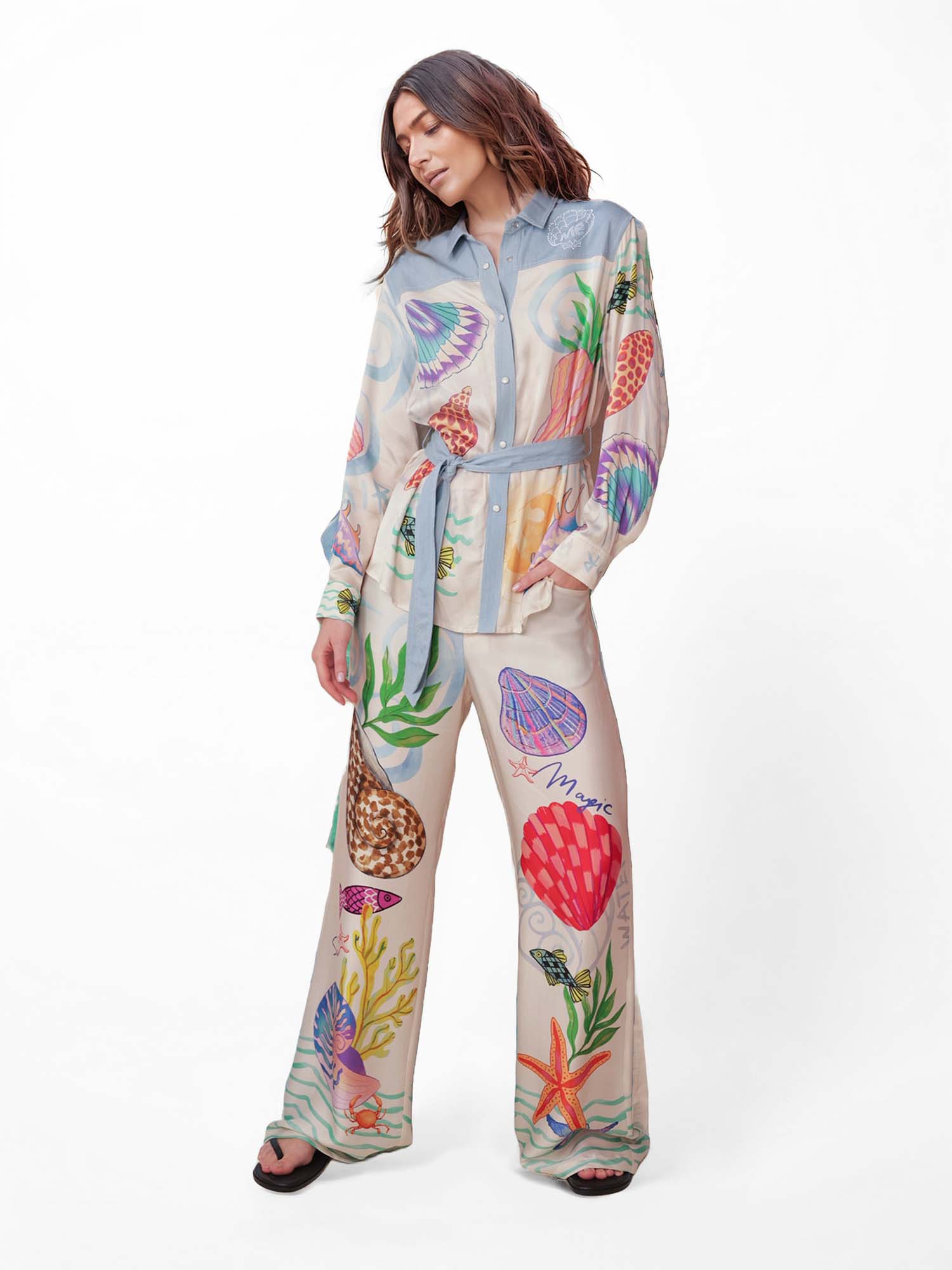 Ocean Motif Wide-Leg Maxi Pants for Summer