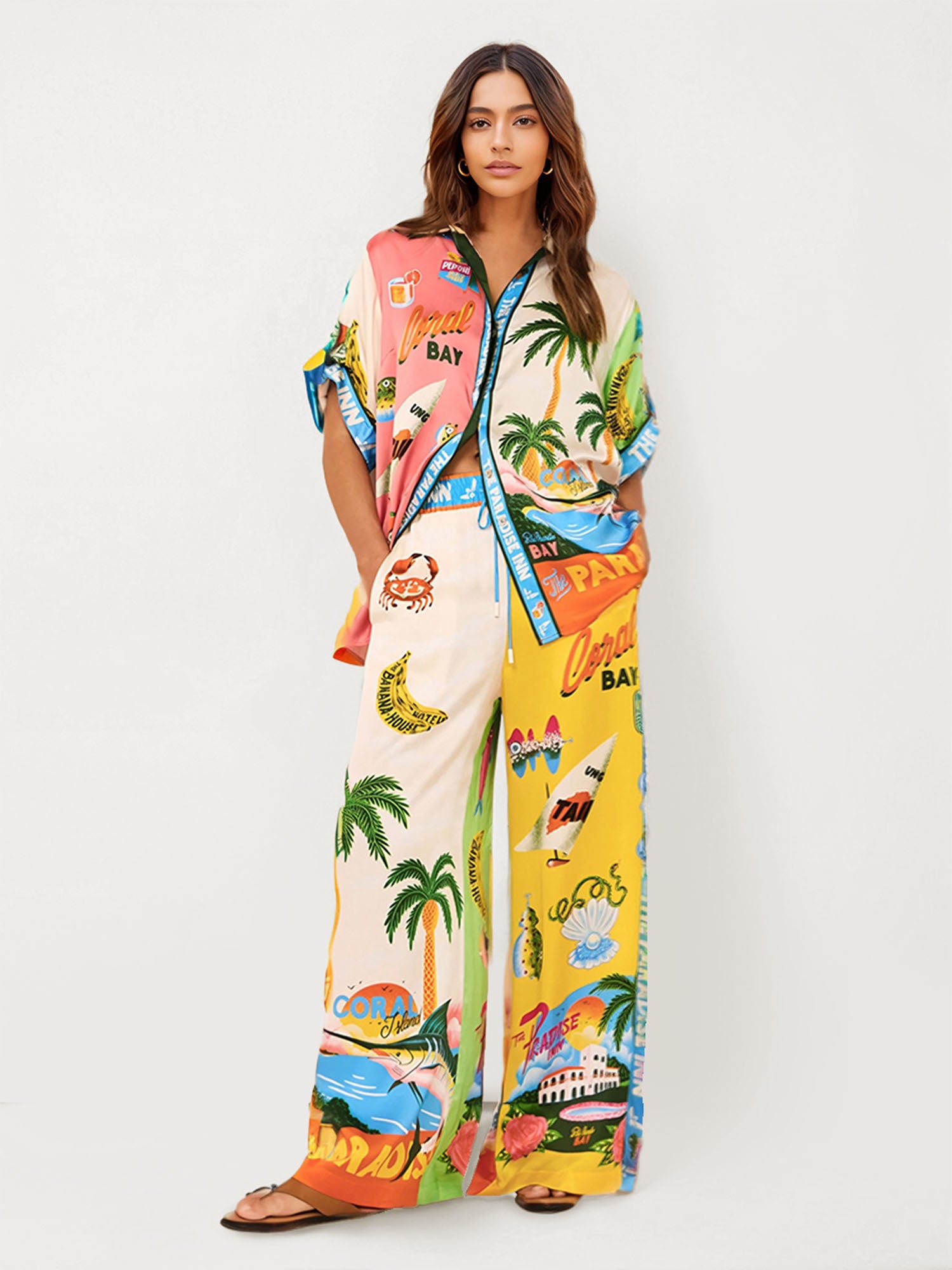 Sunset Beach Graphic Print Wide-Leg Pants