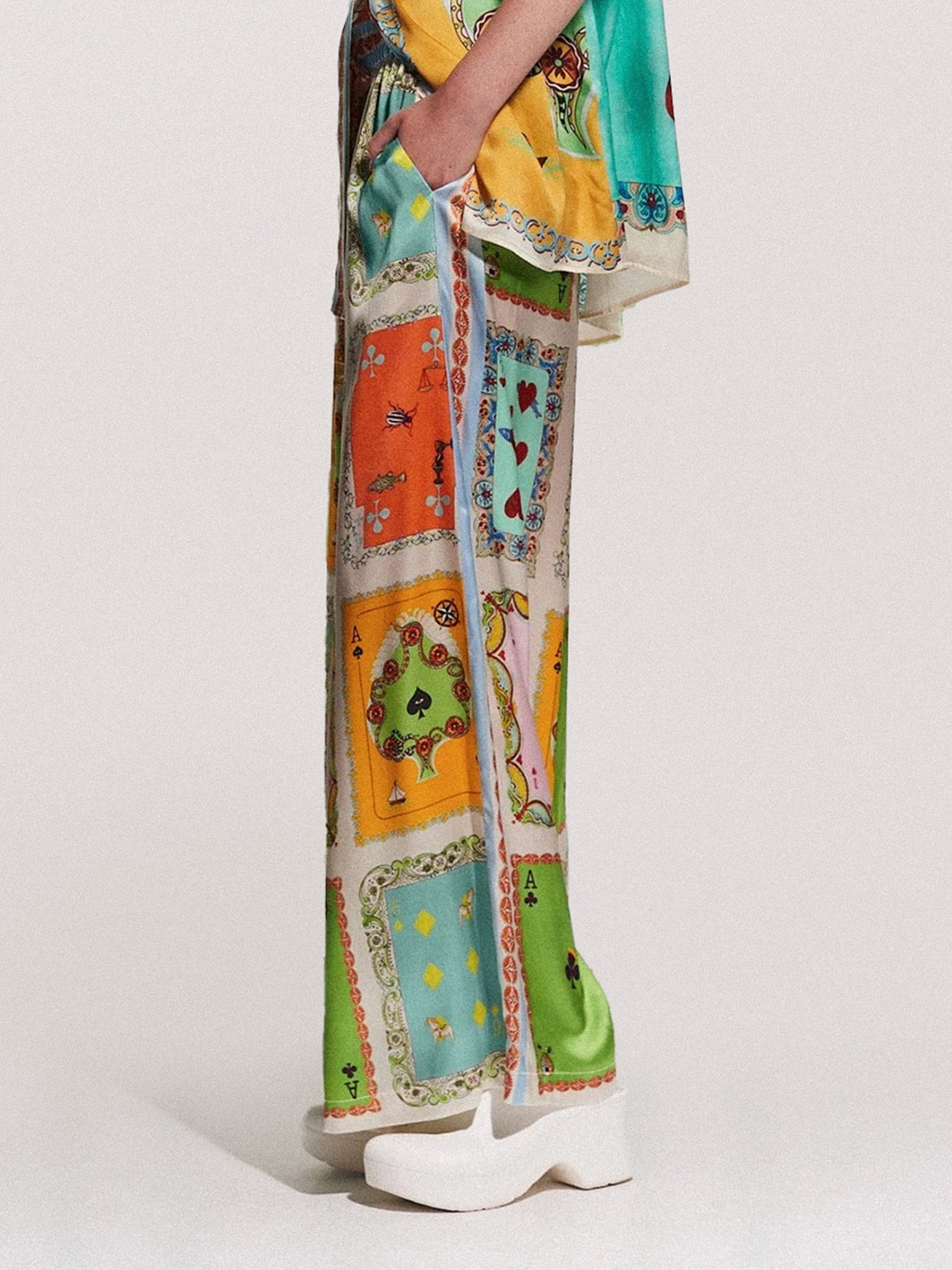 Playing Cards Print Wide-Leg Pants