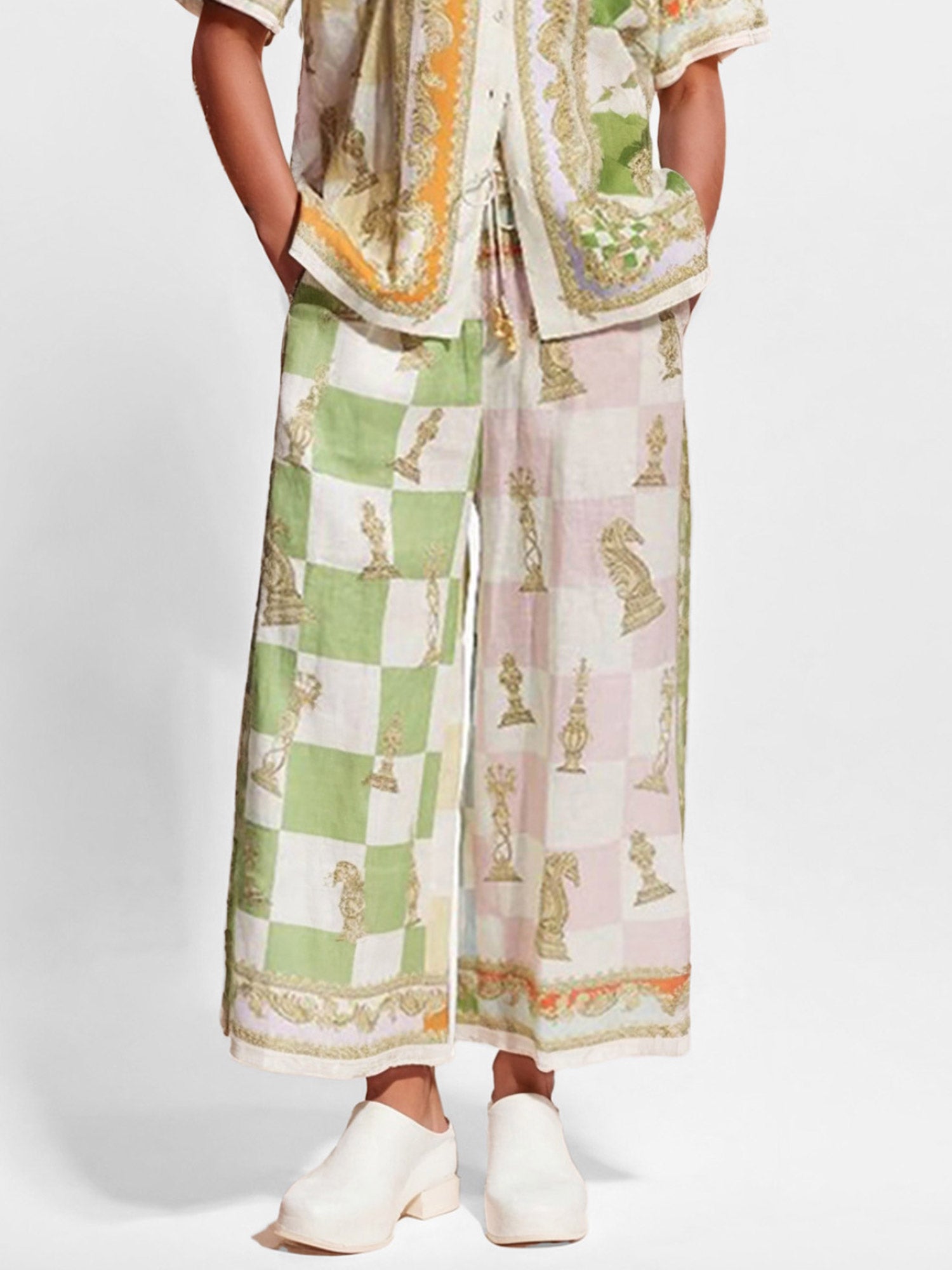 Vintage Chess Print Wide-Leg Pants