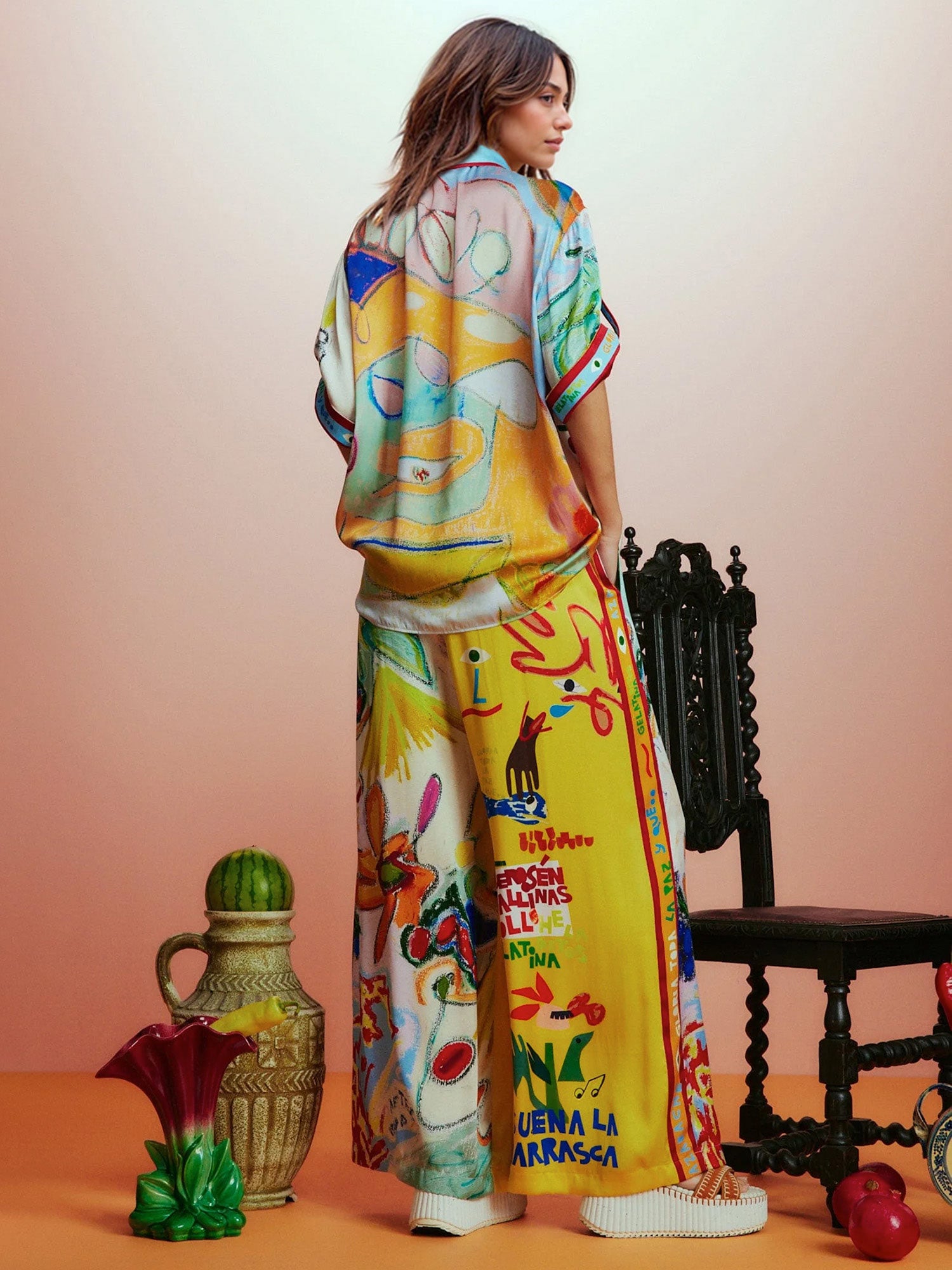 Vibrant Art Print Wide-Leg Pants