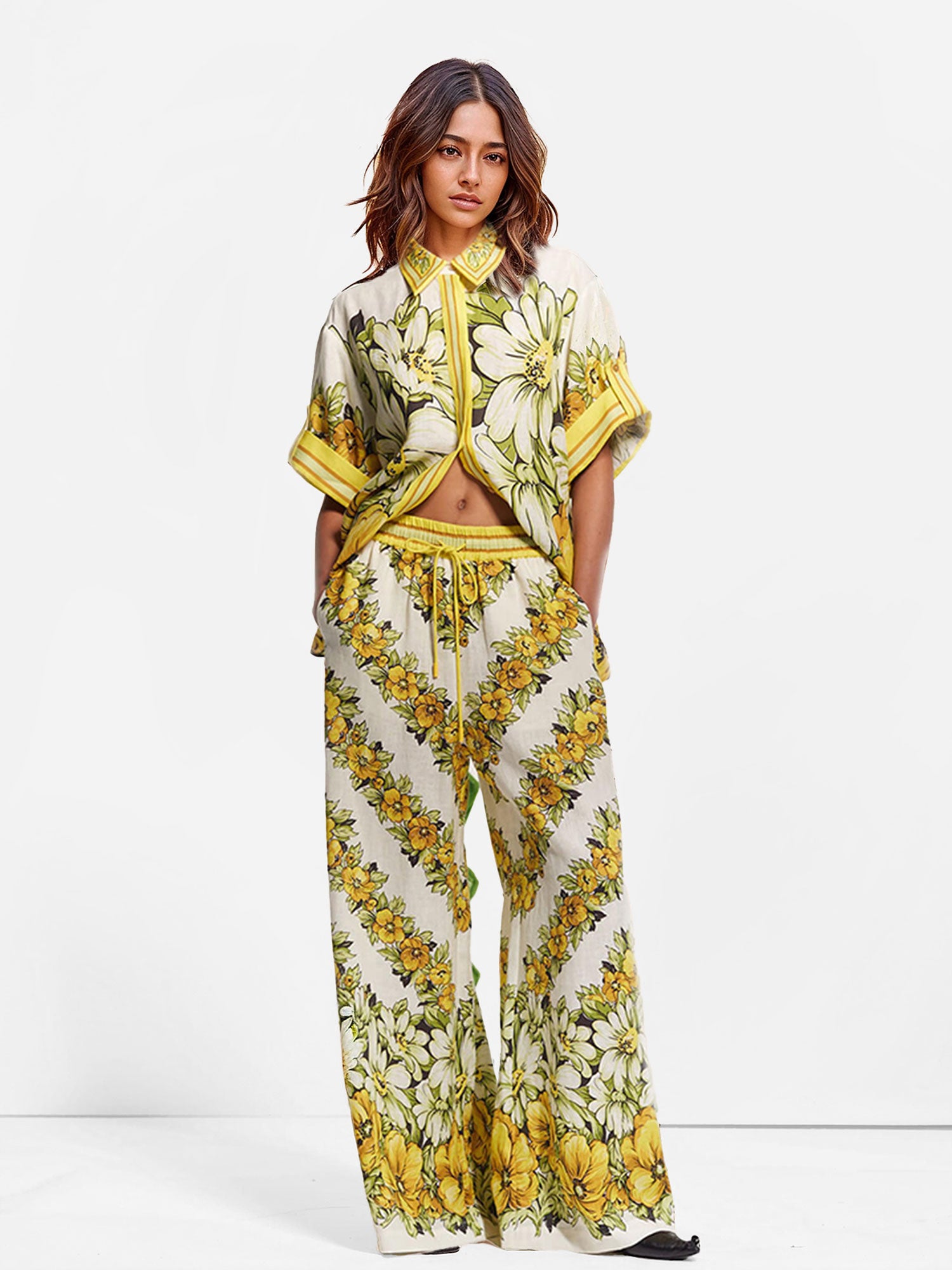 Tropical Print Wide-Leg Pants