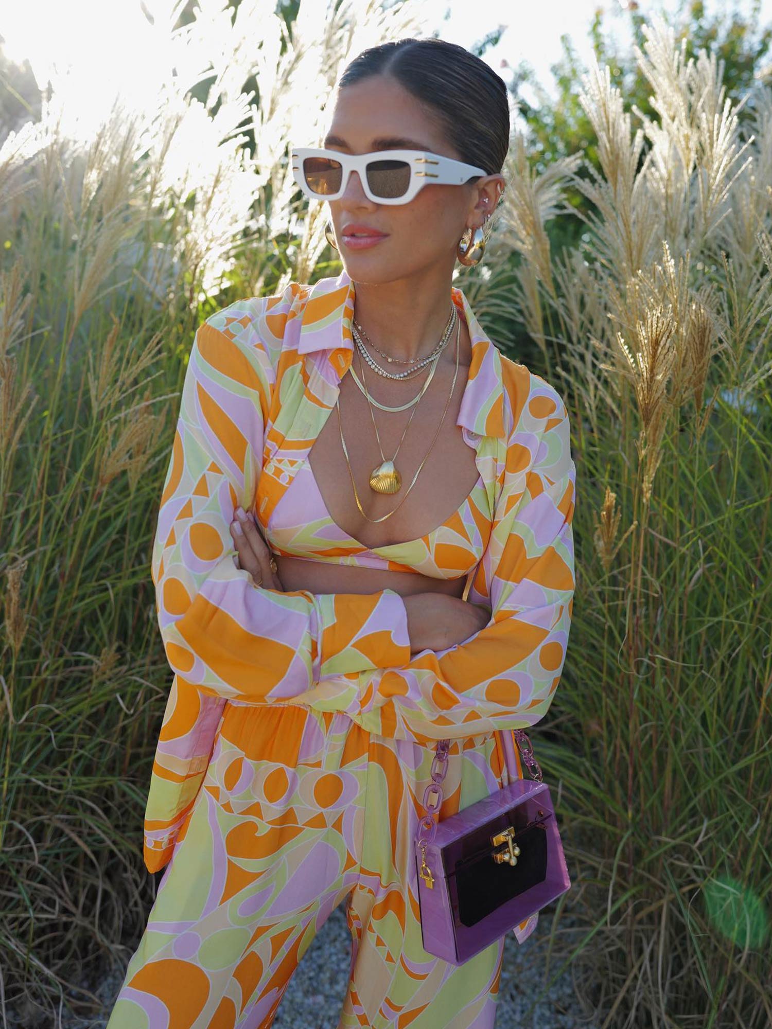 Tropical Beach Graphic Print Wide-Leg Pants