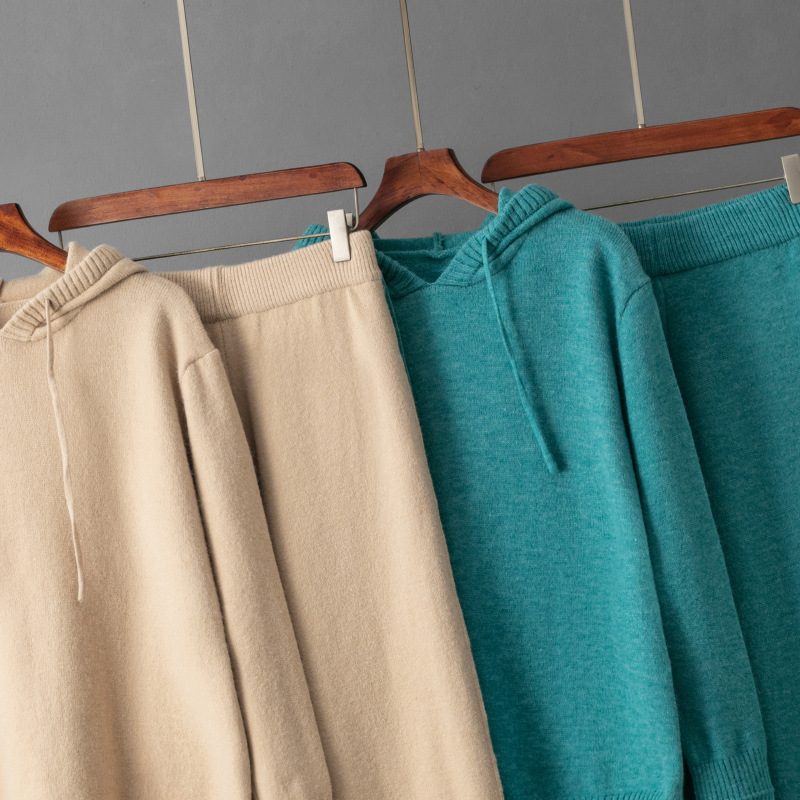 2025 Loose-fitting Casual Hooded Thick Wool Straight Wide-leg Two-piece set