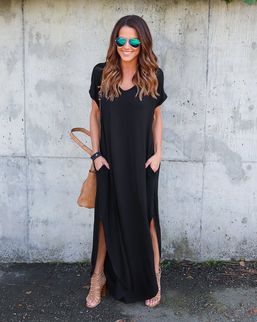 Batsleeved V-Neck Pocket Slit Dress