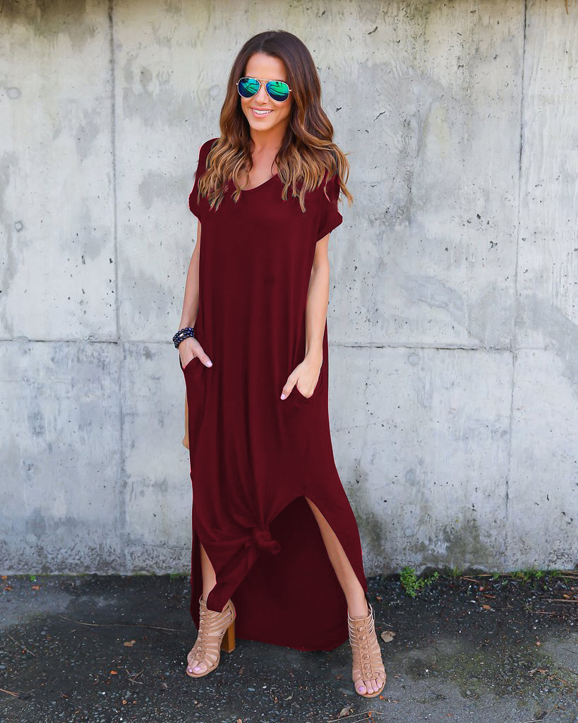Batsleeved V-Neck Pocket Slit Dress