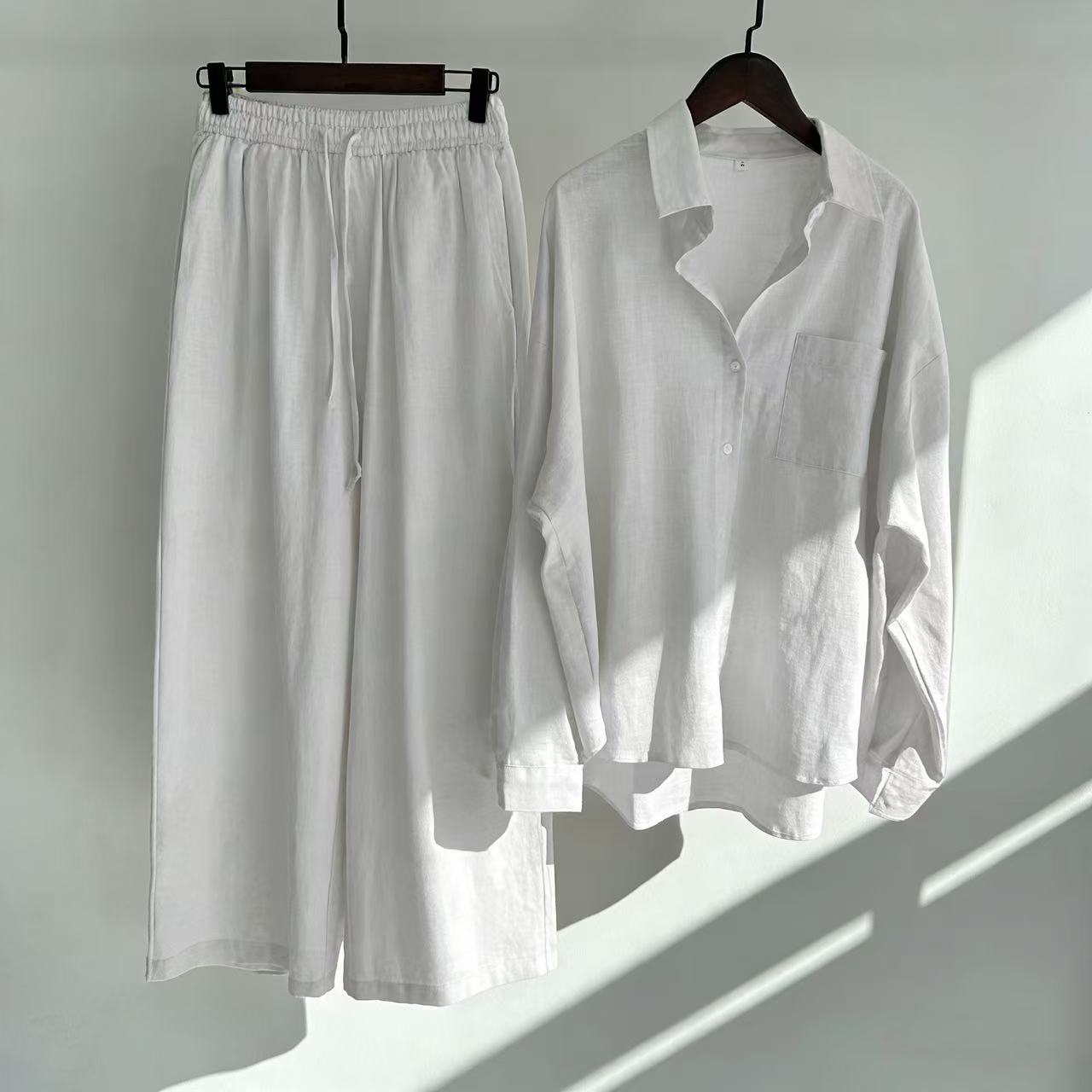 🌸Cotton and linen shirt and high-waisted trousers set