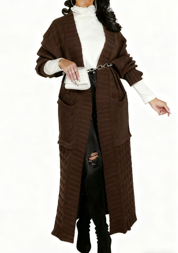 2025 Women's Solid Color Drop Shoulder Pocket Cable Knit Cardigan