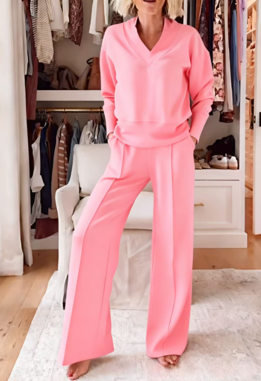 2025 Casual V-neck loose wide-leg pants two-piece suit