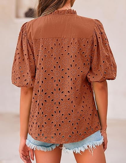 Short Lantern Sleeve Button Hollow Lace Embroidery Shirt