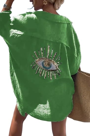 Loose-fitting linen sequined beach shirt