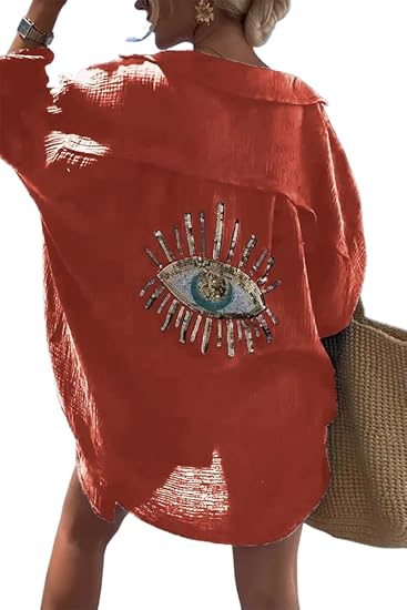 Loose-fitting linen sequined beach shirt