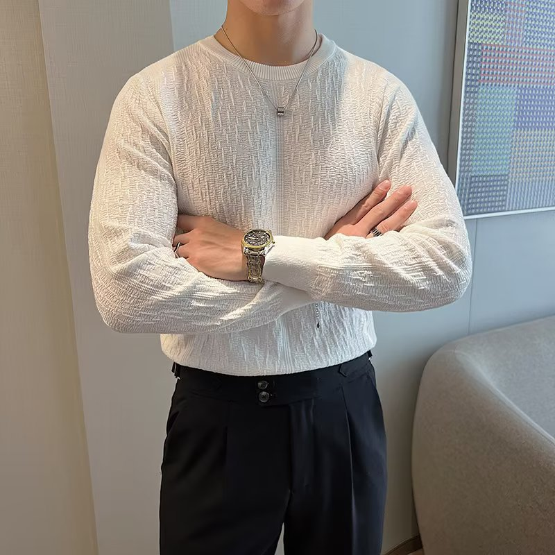 2026 Autumn/Winter Casual Crew Neck Jacquard Knit Sweater with Fleece Lining