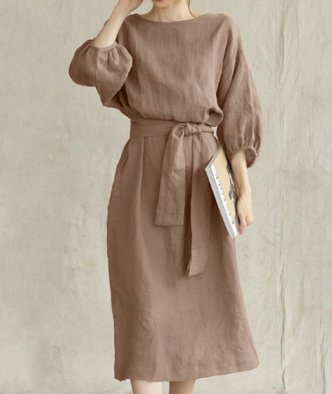 2026 Mid-length Tie-waist Solid Color Round Neck Dress