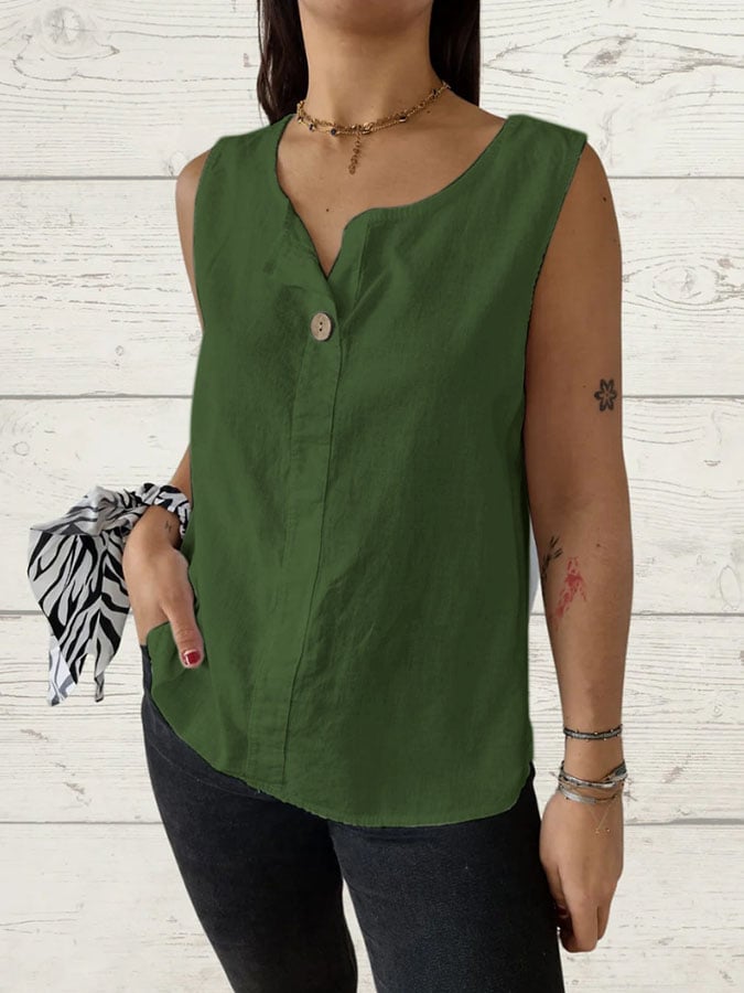Women's Casual Cotton and Linen Solid Color Button Loose Top