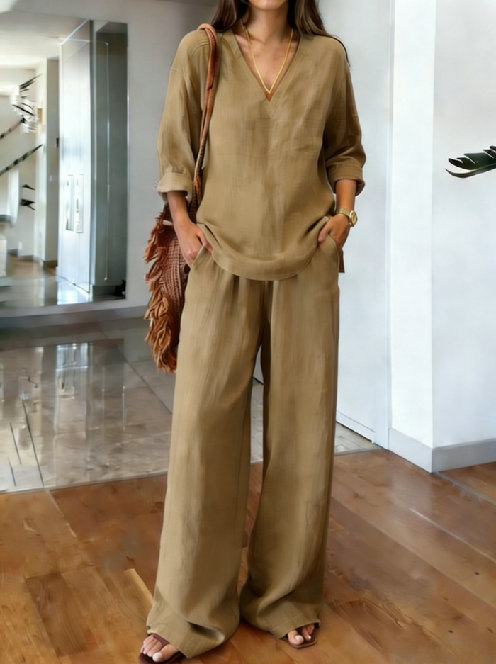 2026 Casual solid color V-neck cotton and linen two-piece set