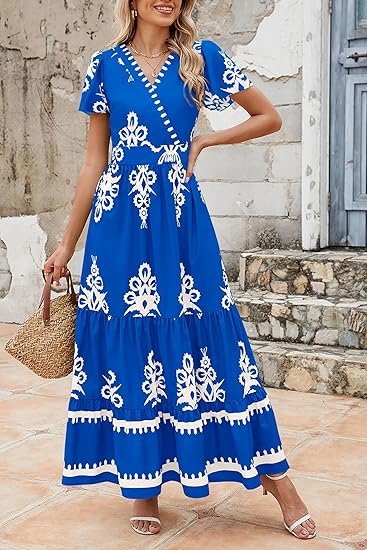 PRETTYGARDEN Womens 2026 Summer Casual V Neck Boho Maxi Dress Flowy Aline Bell Sleeve Tiered Floral Dresses with Pocket
