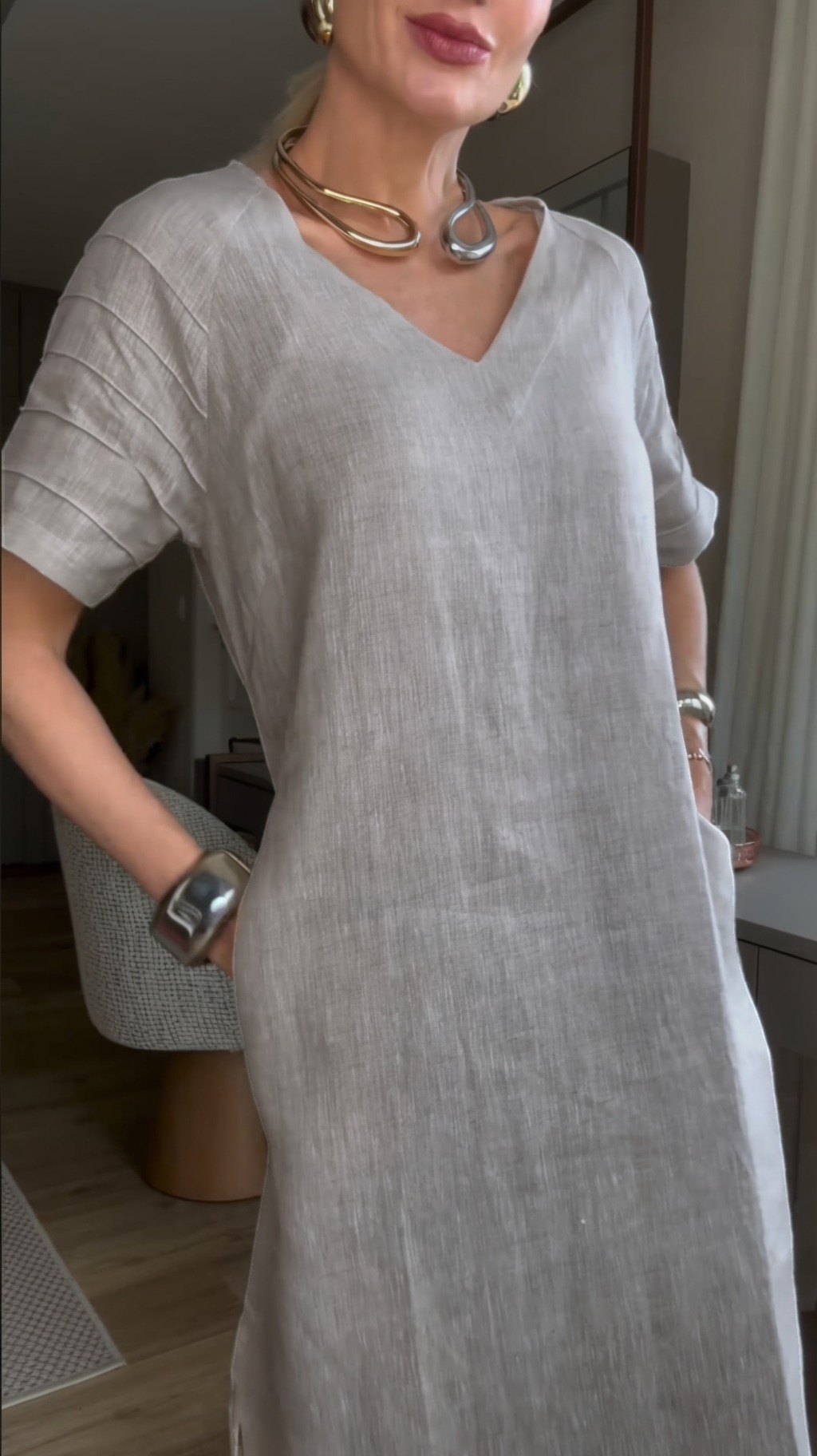 Women's Short sleeve Cotton Linen Skirt Dress With Pocket