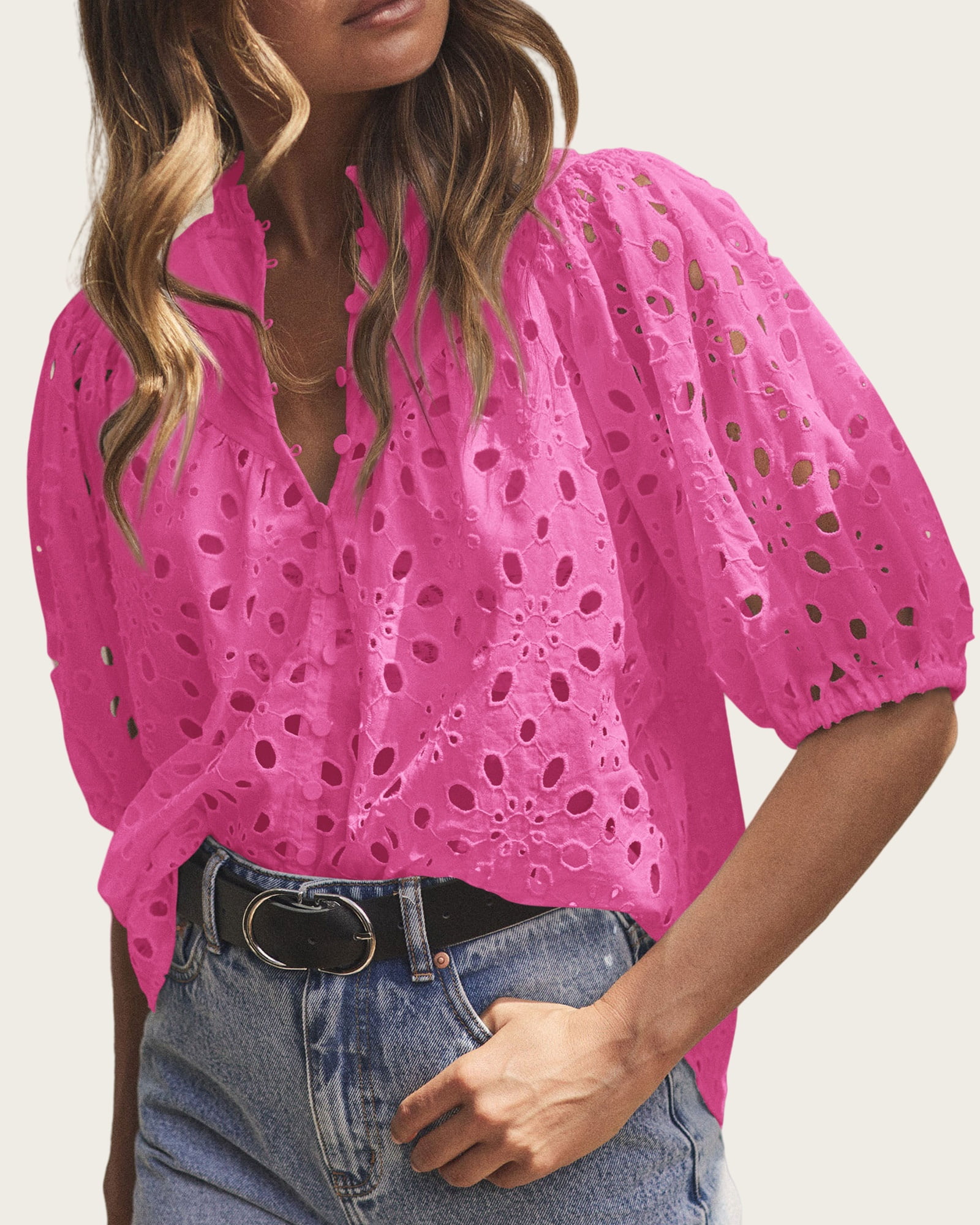 Short Lantern Sleeve Button Hollow Lace Embroidery Shirt