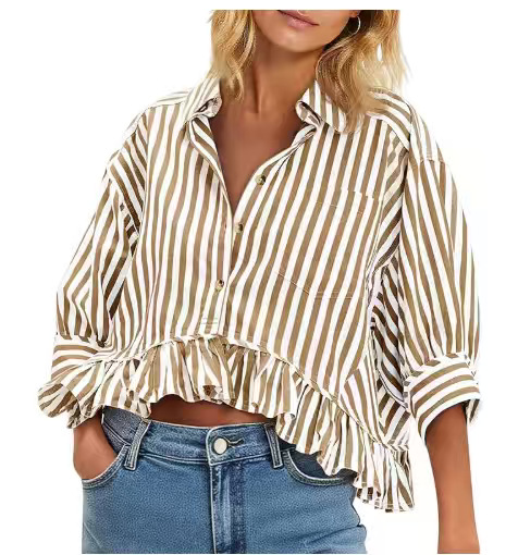 2026 Loose-fitting striped lace hem five-quarter sleeve shirt
