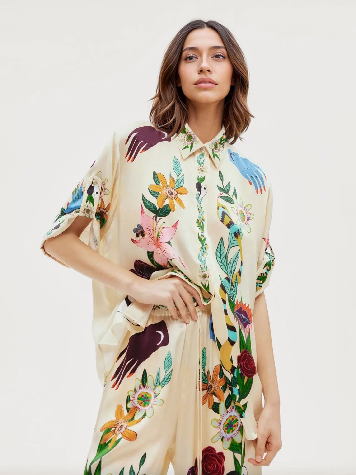 Satin Oversized Blouse with Sophisticated Print