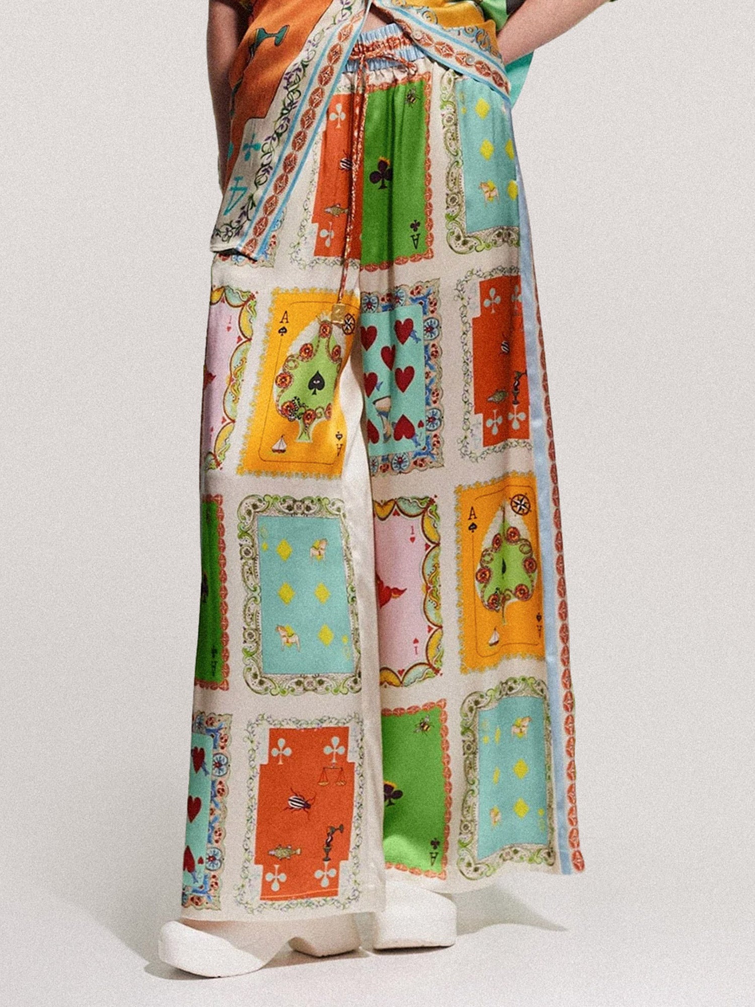Playing Cards Print Wide-Leg Pants