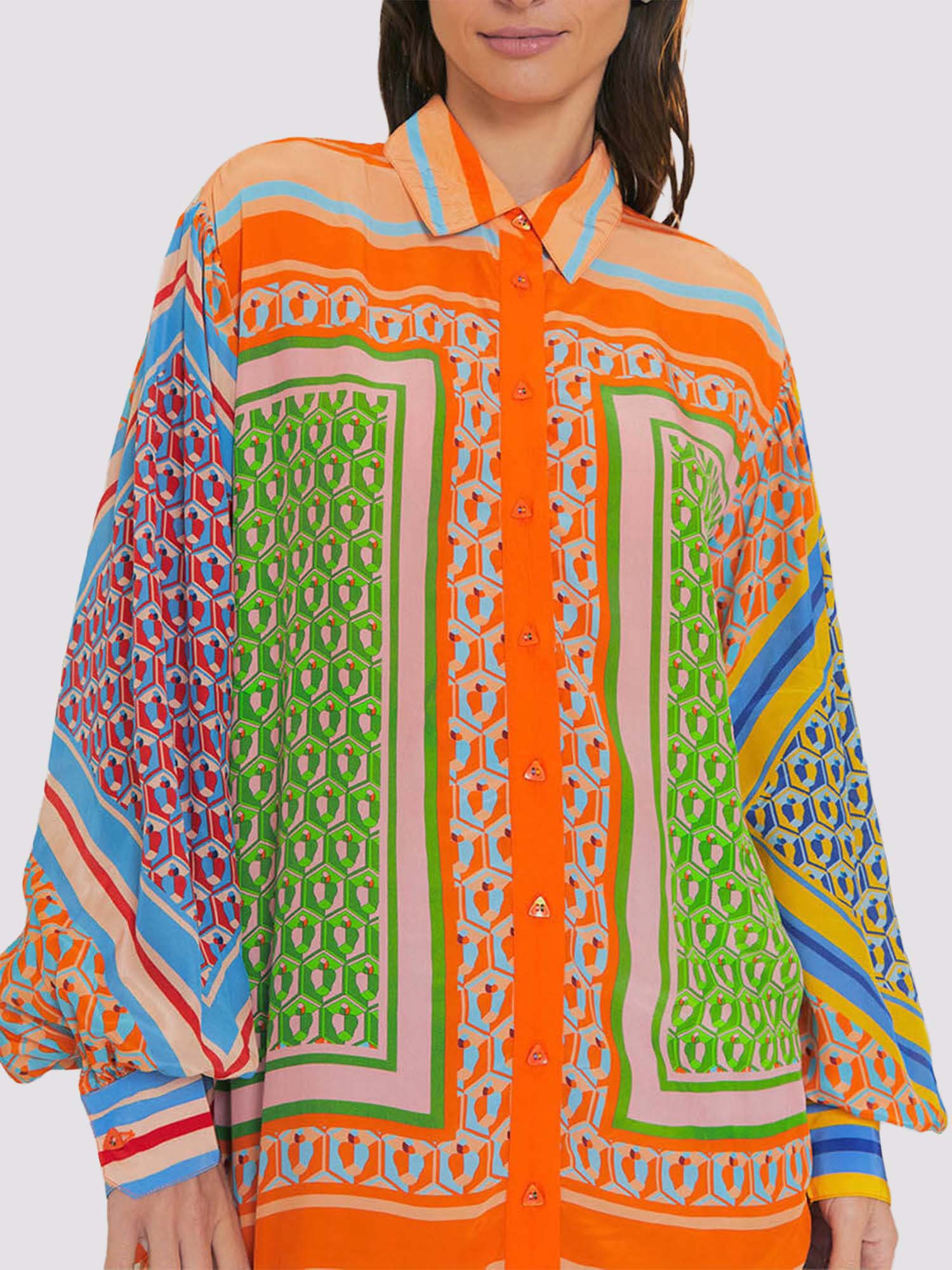 Print Oversized Button-Up Shirt with Colorblock Details