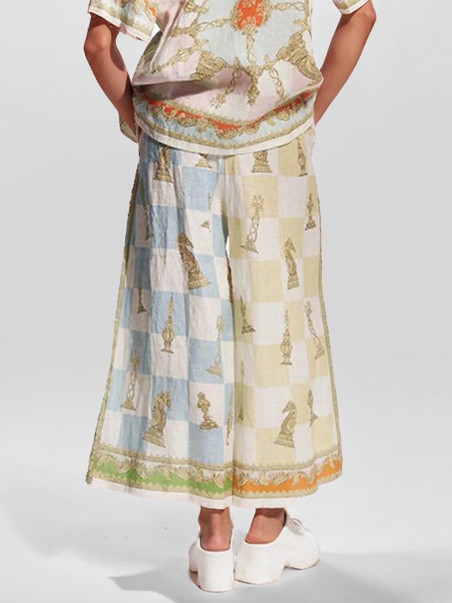 Vintage Chess Print Wide-Leg Pants