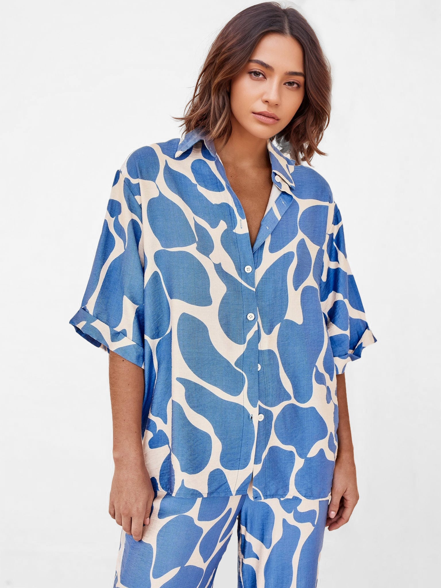 Ocean Wave Print Oversized Button-Up Shirt