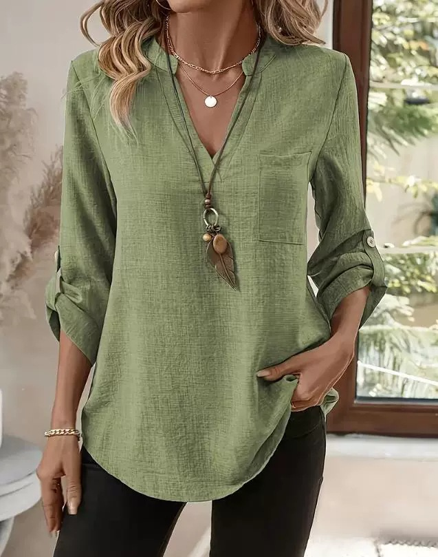 2026 Casual loose plus size V-neck solid color shirt