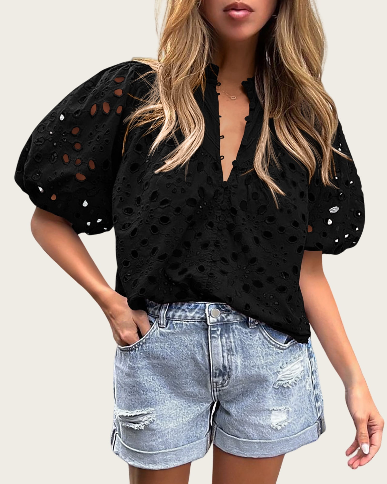 Short Lantern Sleeve Button Hollow Lace Embroidery Shirt