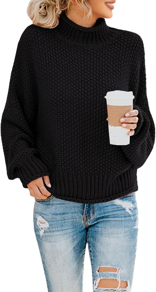Women's Turtleneck Oversized Sweater Batwing Sleeve Loose Chunky Knit Pullover