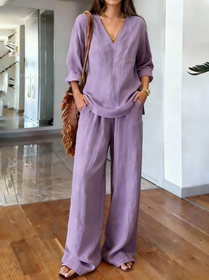 2026 Casual solid color V-neck cotton and linen two-piece set