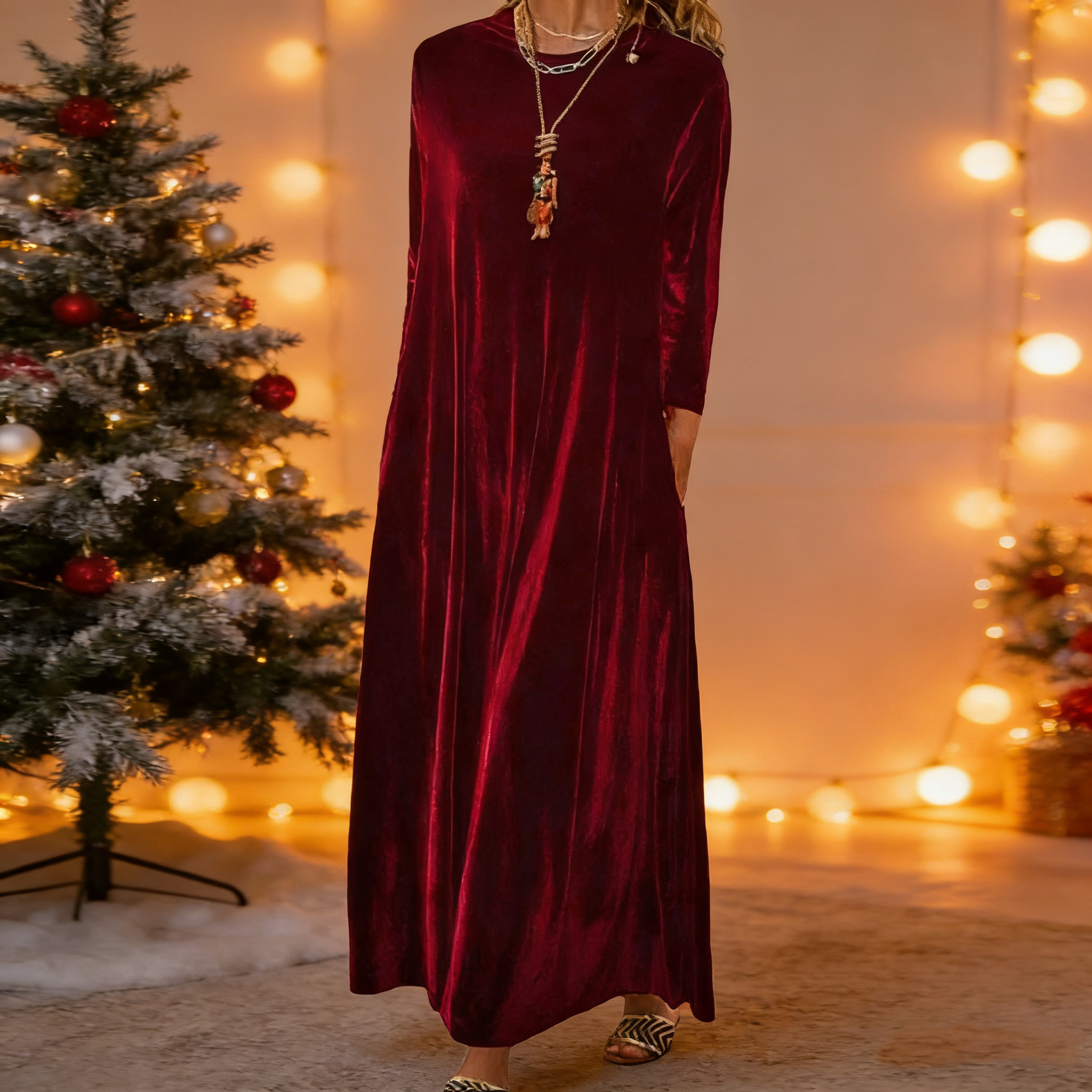🎄Christmas Sale🔥Velvet elegant round neck long dress