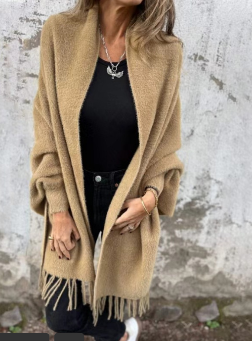 Solid Color Mink Velvet Tassel Bat Sleeve Shawl