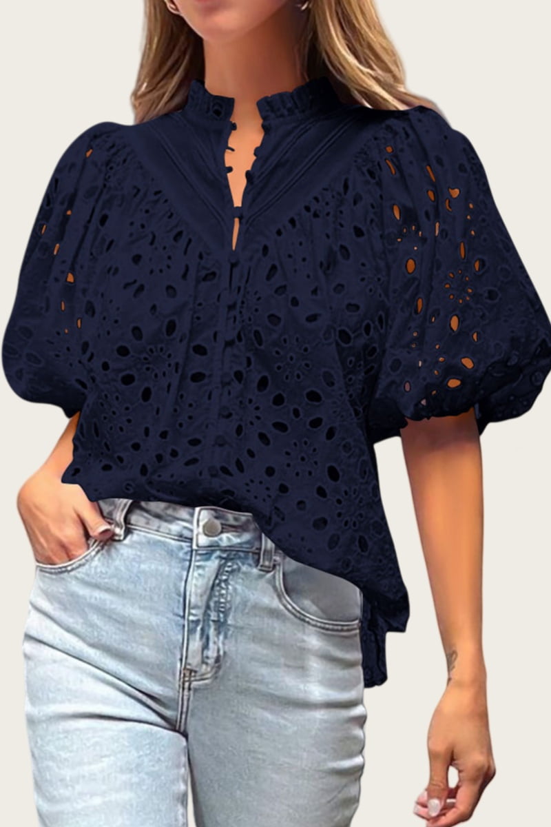 Short Lantern Sleeve Button Hollow Lace Embroidery Shirt