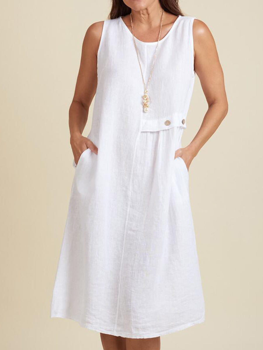 Women's Round Neck Pocket Cotton and Linen Dress
