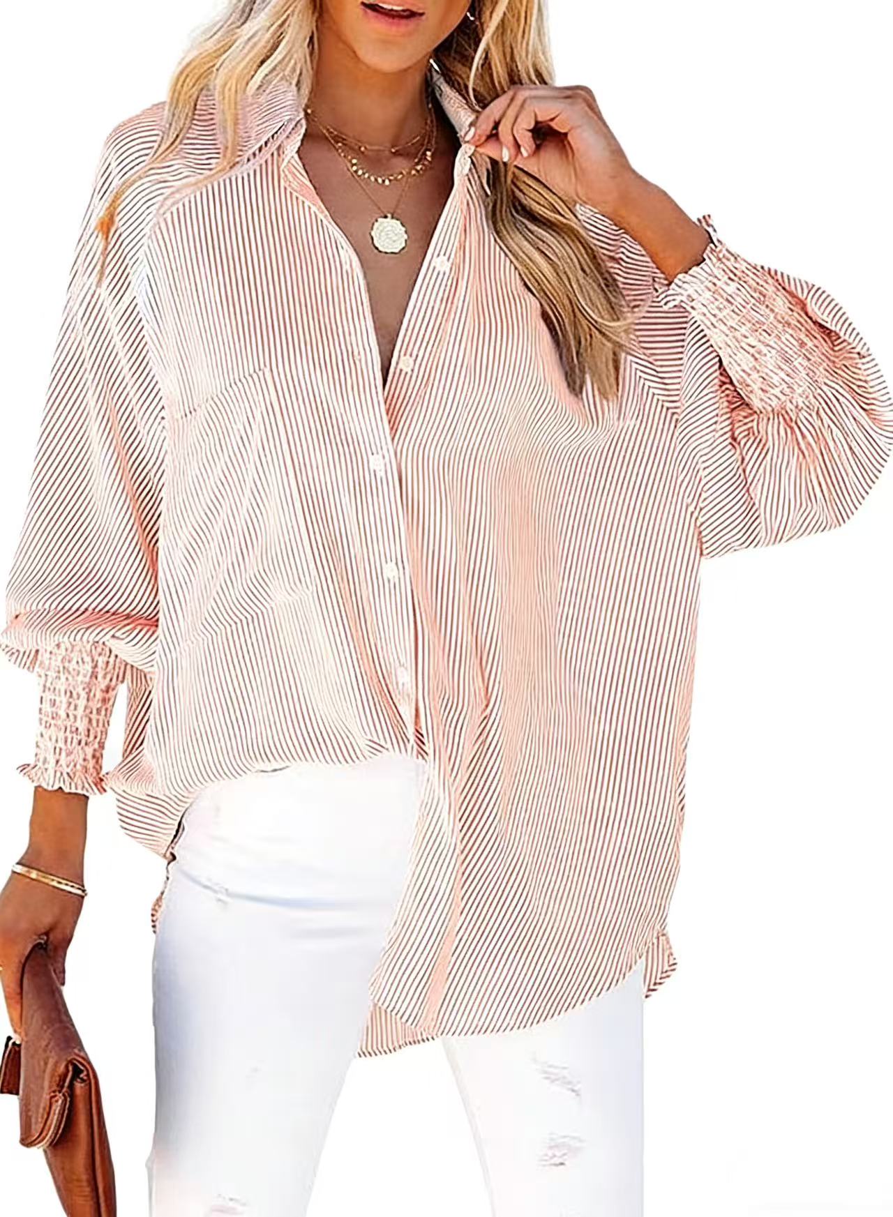 Womens Smocked Cuffed Striped Boyfriend Shirt Casual Collar Long Sleeve Oversized Button Down Blouse Tops with Pocket Shirred