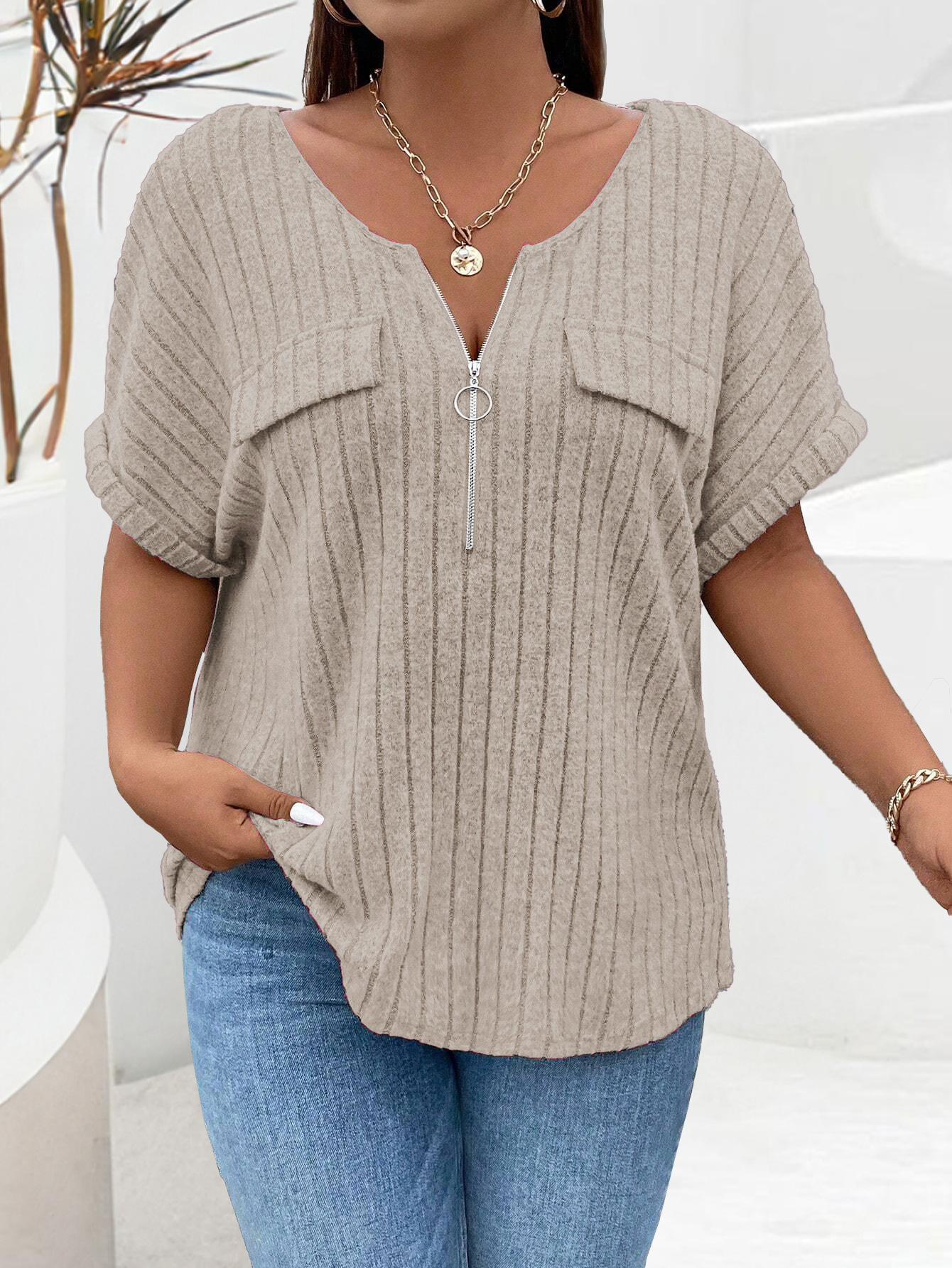 2025 Casual Plain Plus Size T-Shirt Ring Zipper