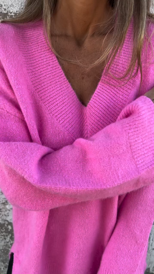 Solid Color V-neck Long Sleeves Thick Sweater 