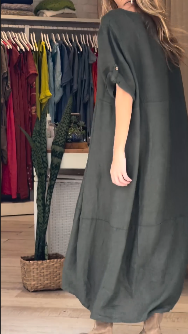 WOMEN'S COTTON LINEN CASUAL BUTTONS DRESS